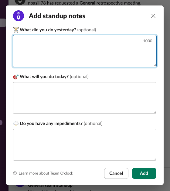 Slack modal for the standup questions. Each of the three questions is followed by a textarea for the user to add their notes