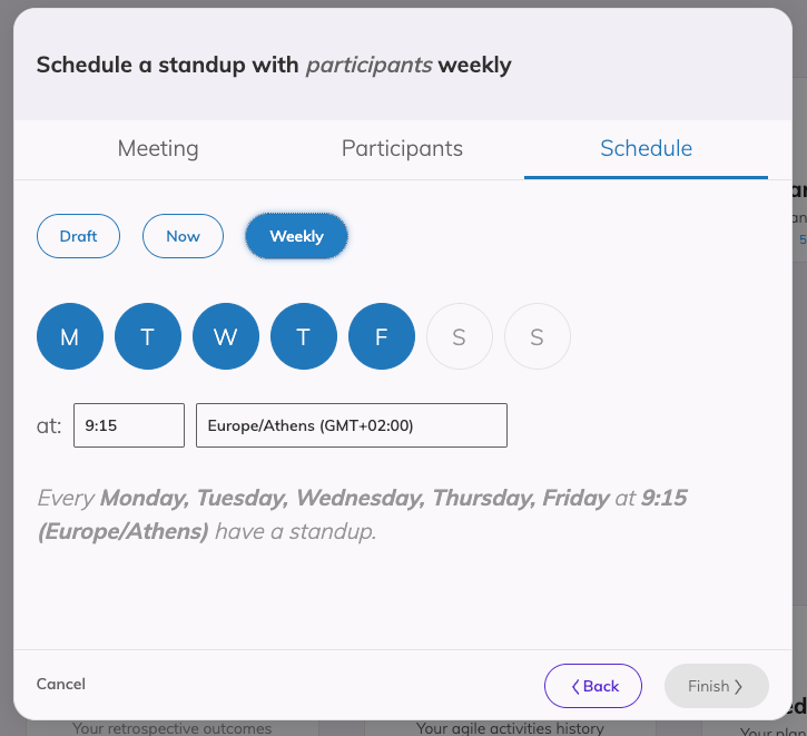 The meeting wizard on the Schedule step with Week option selecting, showing buttons for each weekday and an input to set time for a meeting