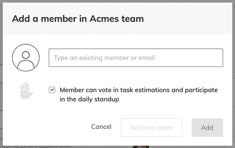 Modal to invite a new member in a team, with an input to add existing member or type an email. Additional option to allow member to participate in voting