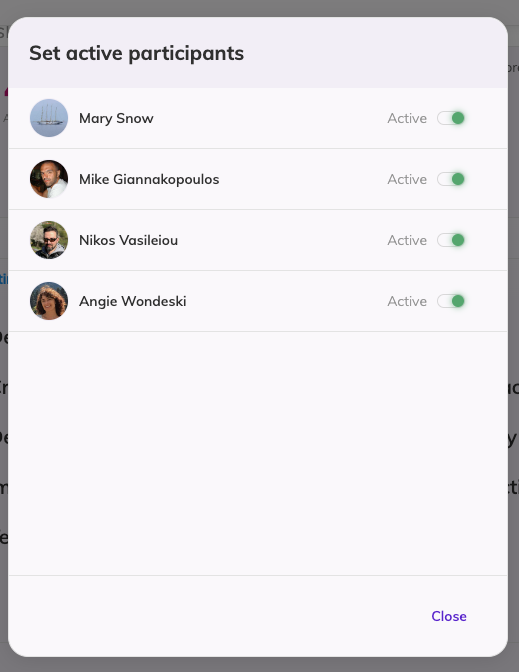 A modal with a list of all the planning poker meeting participants and a toggle on each participant reading Active