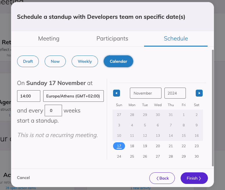 Calendar scheduler view, with fields to setup time of meeting with timezone and repetition period in weeks. On the right side of the scheduler a full calendar for November is visible along with options to change month and year.