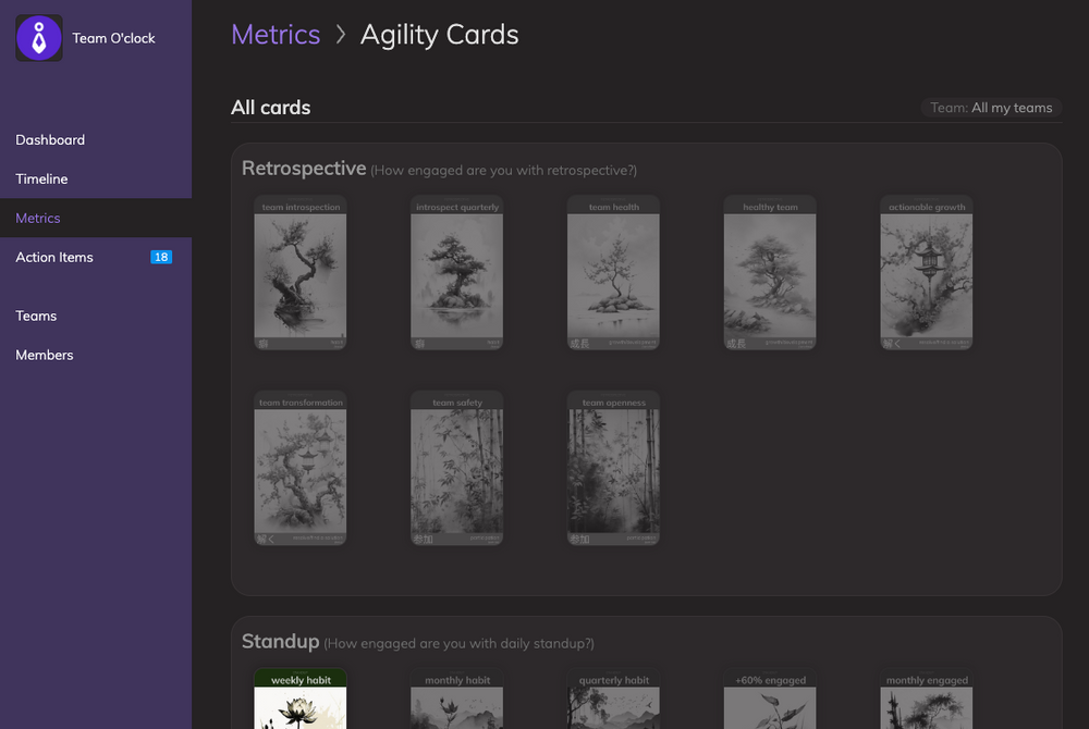 View of metrics related to agility cards, showing the cards, the number of cards owned, and grayed out the cards that are not owned