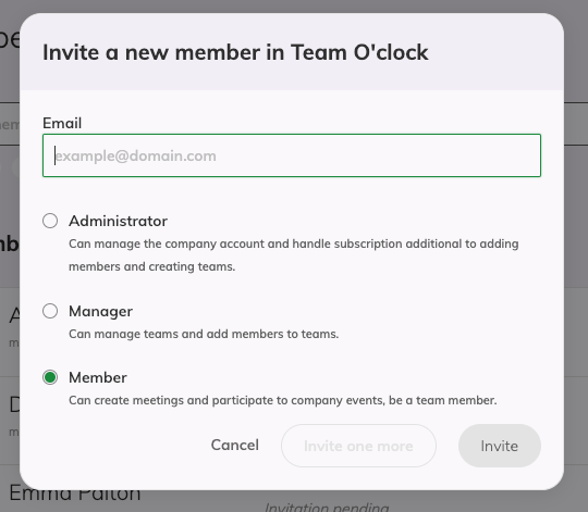 Modal for inviting user in Team O'clock with an input for the email and radio buttons for the roles of either administrator, manager, or member