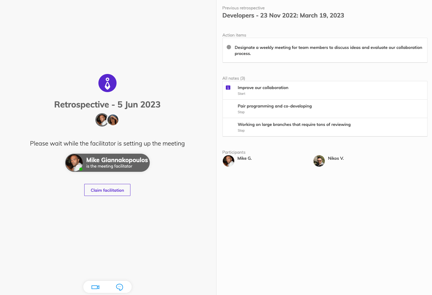 The waiting screen for participants on a retrospective, showing the list of members joined the meeting and a summary of the previous retrospective action items and notes