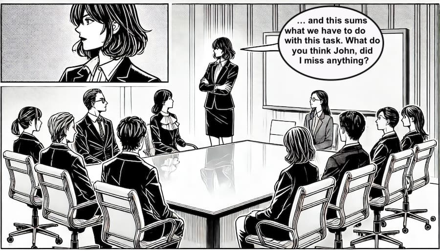 A team in a meeting room with one woman explaining a task and addressing another person in the room to share their thoughts