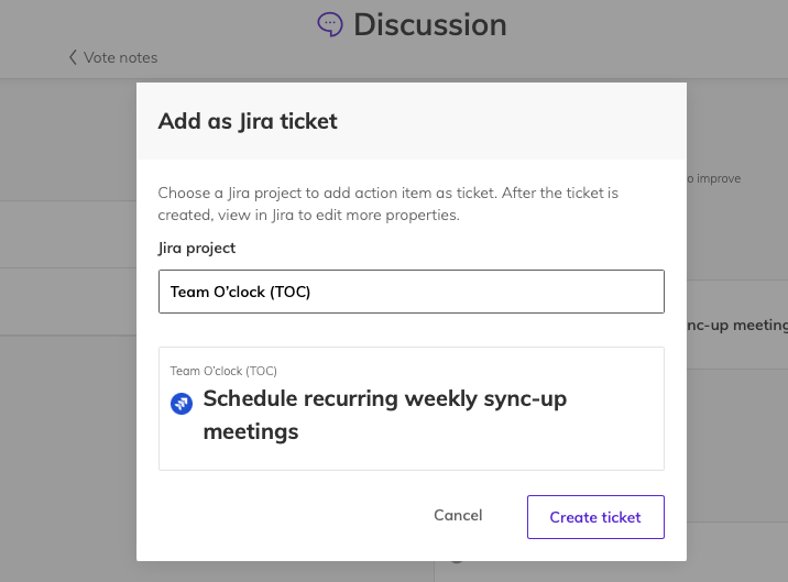 Modal to add an action item as Jira ticket. There is a dropdown selector for the Jira project and a preview of the created jira ticket title