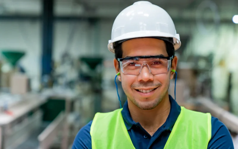 Arbeiter mit Schutzhelm und Stöpsel-Gehörschutz im Ohr