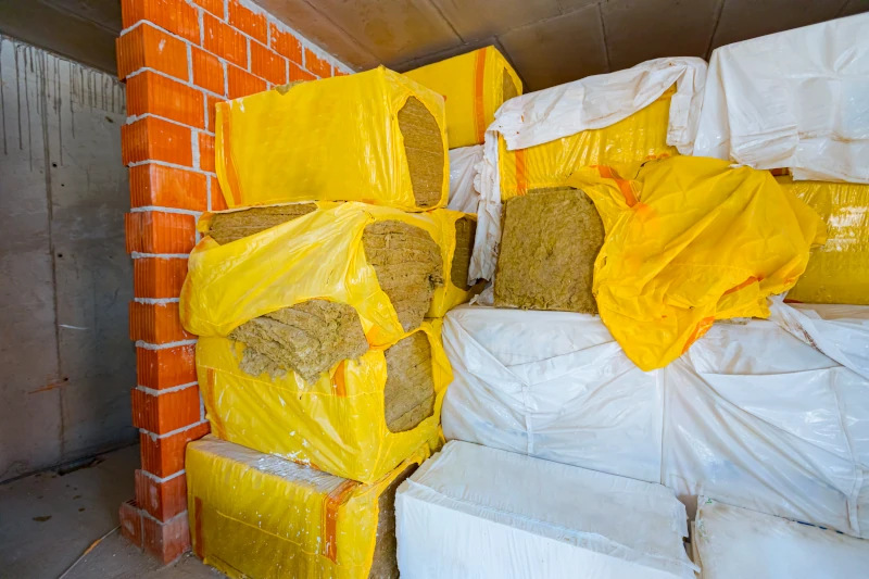 Verpackte Dämmwolle im Rohbau eines Gebäude.