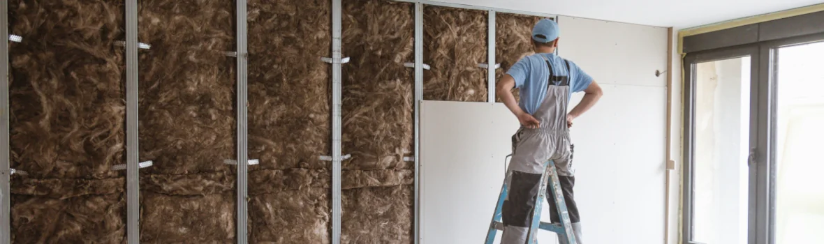Handwerker steht auf einer Leite vor einer offenen Wand mit Dämmung