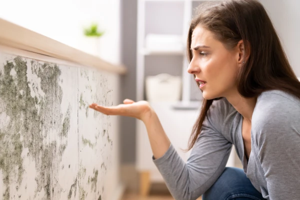 Frau schaut unzufrieden und zeigt auf Schimmelspuren an einer Wand unter einer Fensterbank