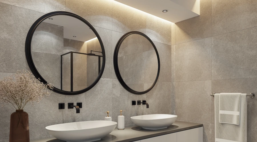 Das Bild zeigt ein modernes Badezimmer mit zwei runden Spiegeln über einem Doppelwaschbecken. Die Wände sind mit großen, hellgrauen Fliesen verkleidet. Auf der Ablage stehen Seifenspender und Dekoration. Rechts hängt ein Handtuch, im Hintergrund ist eine Dusche mit Glasabtrennung zu sehen.