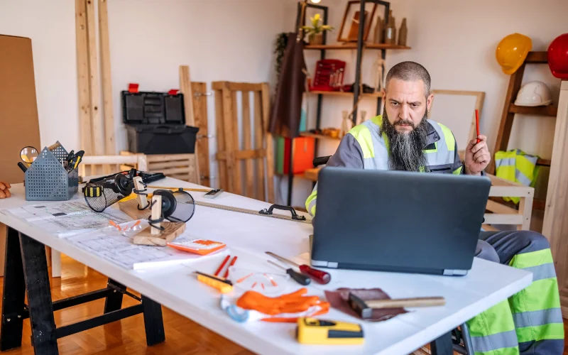 Handwerker im Rollstuhl sitzt am Laptop 