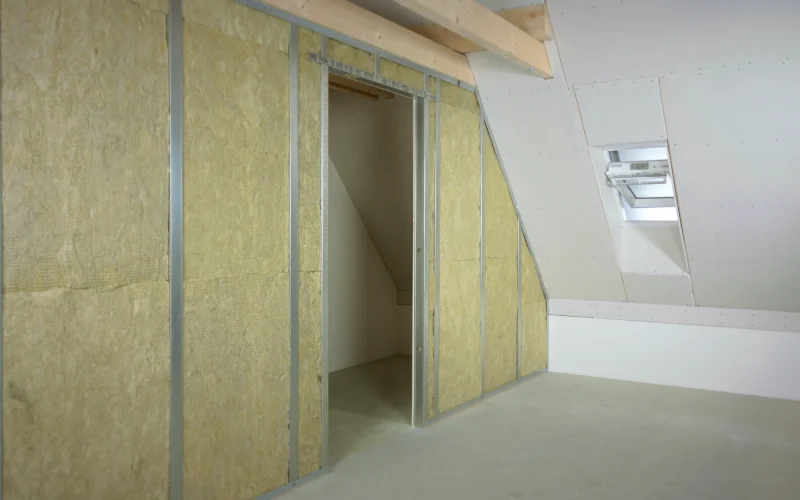 Dachgeschoss im Ausbau mit einer offenen gedämmten Zwischenwand