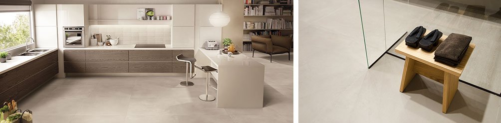 Helle beige, graue Bodenfliesen in Wohnräumen