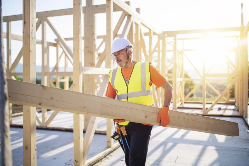 Mann trägt einen Holzpfosten über ein Hausfundament 