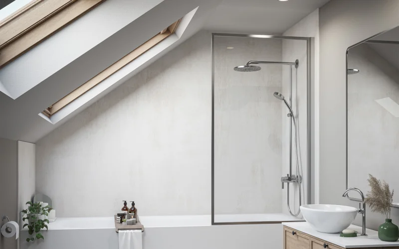 Badezimmer im Dachgeschoss mit Dusche und grauen Wänden