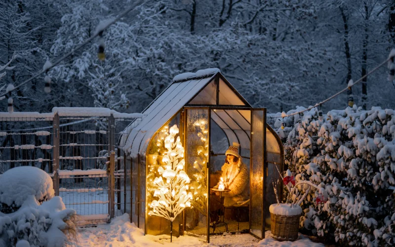 kleines Gewächshaus mit einer Frau und Beleuchtung im Garten im Winter
