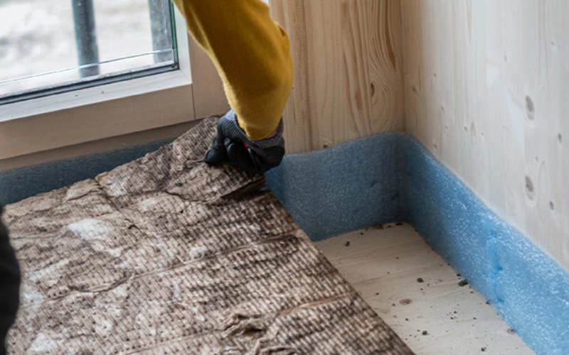 Ein Handwerker verlegt Dämmmaterial als Schallschutz in einem Wohngebäude.