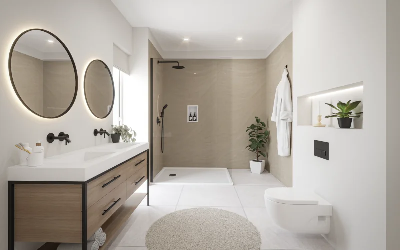 modernes ebenerdiges Badezimmer mit braunen und weißen Wänden