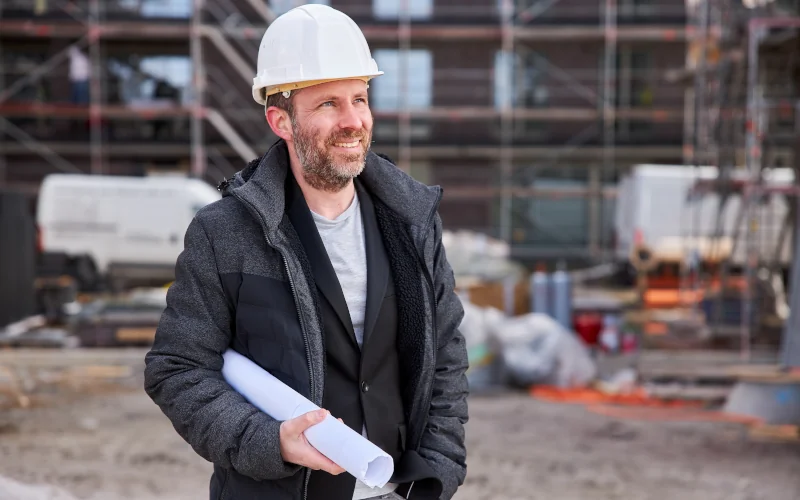Bauherr steht mit Helm und Plan auf einer Baustelle
