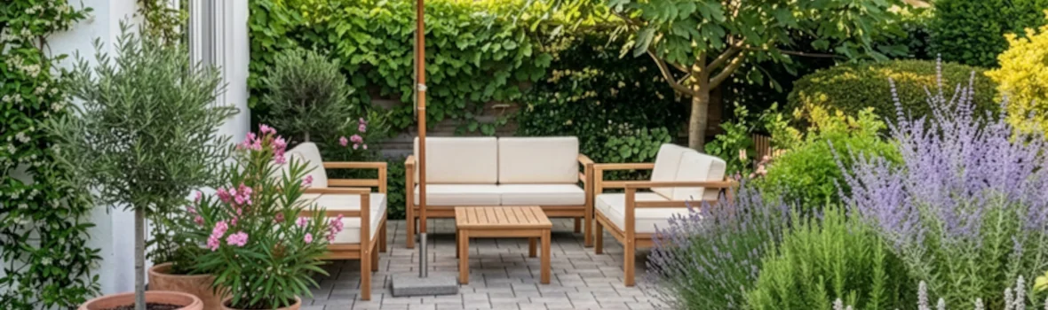 Terrasse mit Gartenmöbeln und Pflanzen