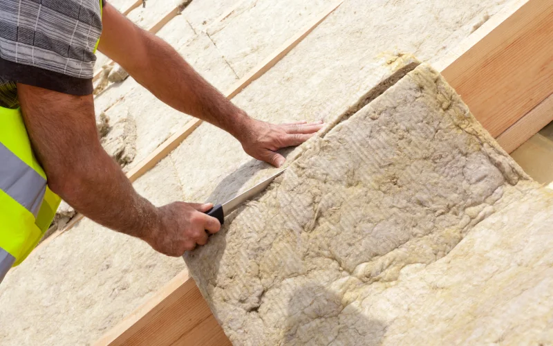 Handwerker schneidet Dämmung zurecht