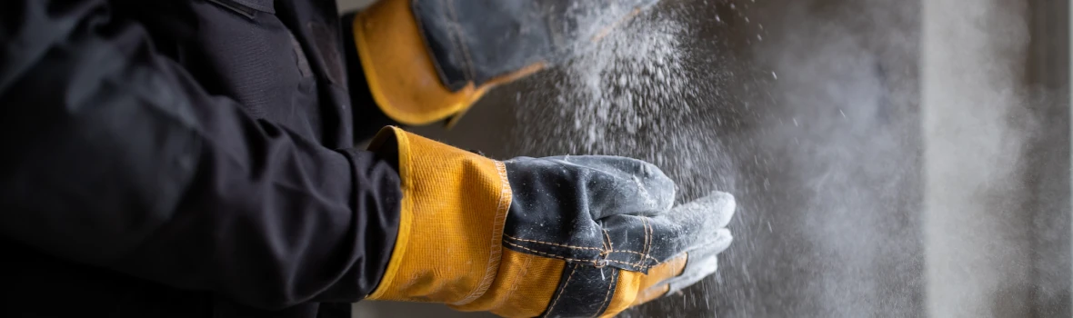 Handwerker klopft seine Hände wovon viel Staub abfällt 