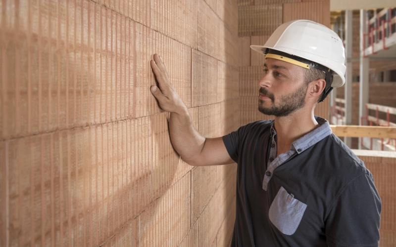 Handwerker hält seine Hand an eine Mauer aus Poroton-Ziegel der Firma Wienerberger