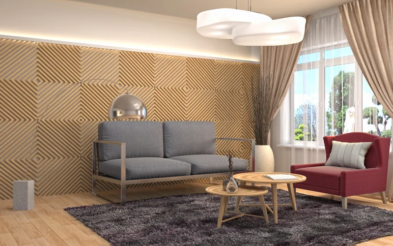 Wohnzimmer mit Sofa und Tisch und Akustikpaneelen an der Rückwand