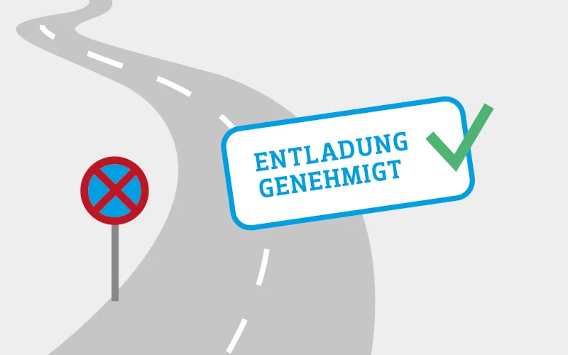Animierte Abbildung einer Straße mit einem Halteverbotsschild und dem Satz "Entladung genehmight"