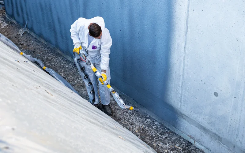 Arbeiter in Schutzkleidung sprüht Isolierung auf Außenwand.
