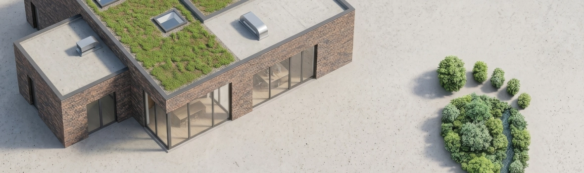 Modernes Niedrigenergiehaus und daneben eine Baumanordnung die einen Fuss symbolisiert 