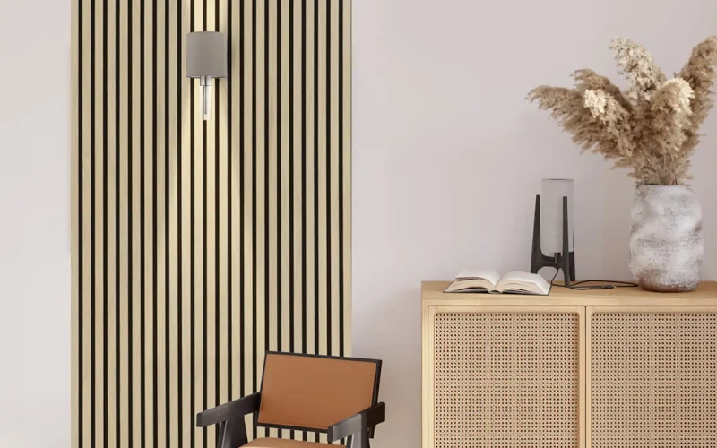 Wohnzimmer mit hellbraunen Holzpaneelen an der Wand 