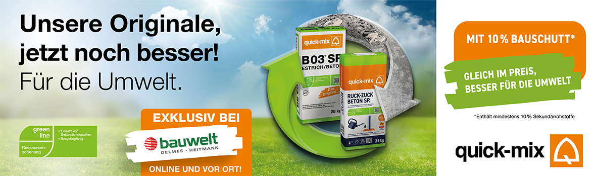 quick-mix B03 SR Estrich/Beton und Ruck-Zuck Beton SR jetzt in der umweltfreundlichen green line Variante – mit mindestens 10 % Recycling-Bauschutt. Exklusiv bei bauwelt Delmes Heitmann: Gleicher Preis, besser für die Umwelt. Ideal für ressourcenschonendes Bauen.