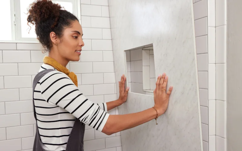 Handwerkerin setzt Wandpanelle auf die Fliesenwand