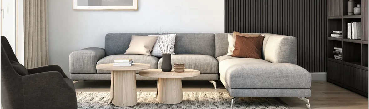 Wohnzimmer mit schwarzen Holzpaneelen an der Wand 