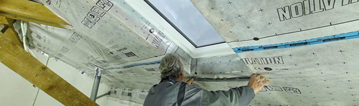 Handwerker bringt Dampfbremsfolie an die Wand an