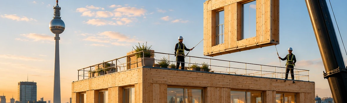 Ein Braukran hebt ein fertiges Holzbauelement auf ein Hochhaus in Holzbauweise.