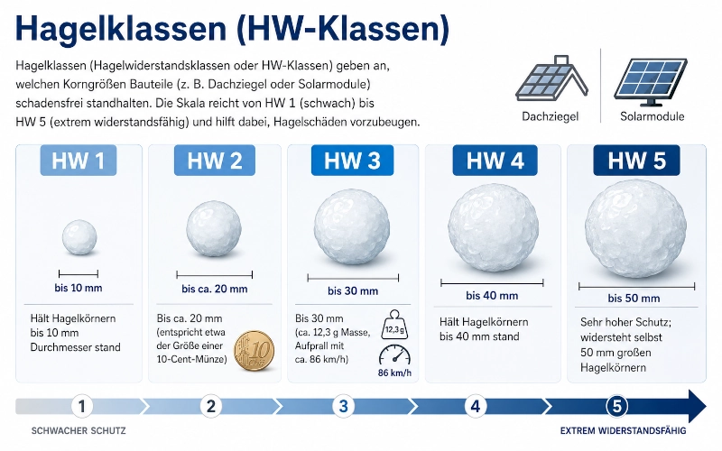Infografik über die Hagelwiderstandsklassen welche angeben, welche Korngrößen Bauteile z. B. Dachziegel oder Solarmodule schadensfrei standhalten