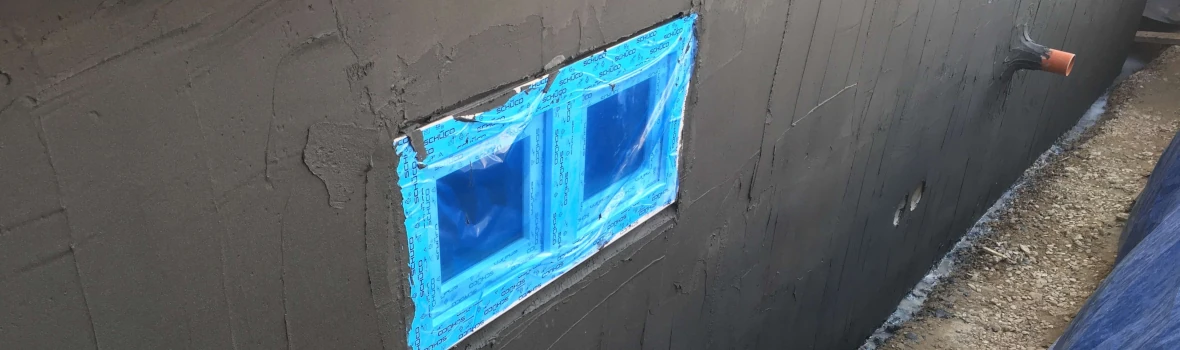 Eine Fassade die mit mineralischer Bauwerksabdichtung bestrichen ist.