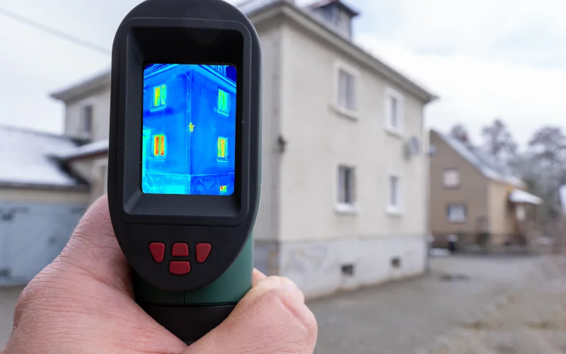 Infrarotwärmebildkamera in der Hand mit Haus im Hintergrund