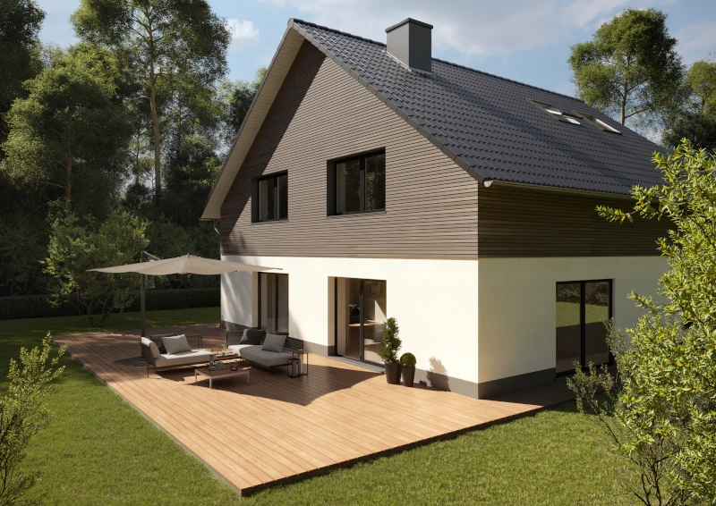 Ein Einfamilienhaus mit einer großen und schönen Terrasse aus hellen Holzdielen.
