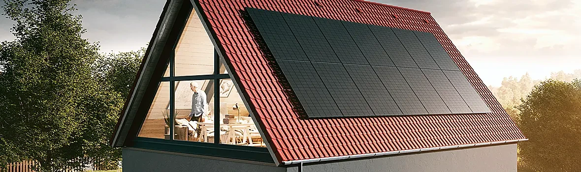 Haus mit ausgebautem Dachgeschoss und einer Photovoltaikanlage auf dem Dach 
