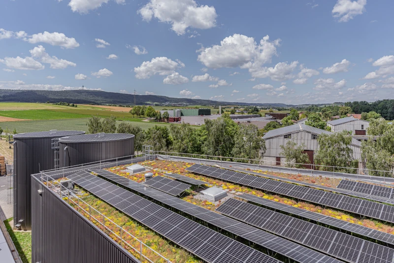 Ein Flachdach ist bepflanzt und mit Photovoltaikanlagen und kleinen Dachfenstern, sie sich öffnen lassen, ausgestattet. 