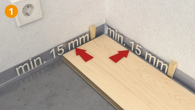 Laminatverlegeanleitung mit Abstandshaltern von mindestens 15 mm.