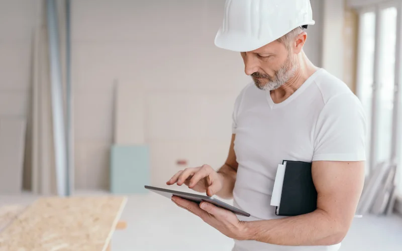 Baumeister, der etwas auf einem Tablet überprüft mit Notizbuch unter dem Arm