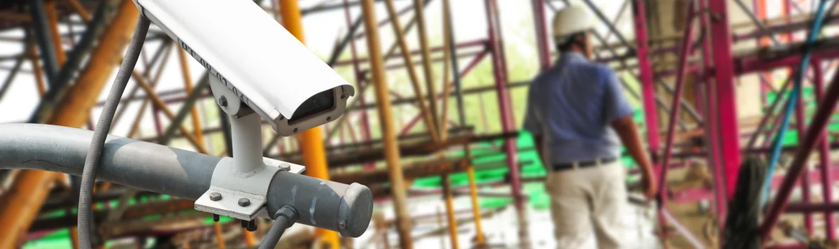 Mann auf Baustelle mit Überwachungskamera im Vordergrund