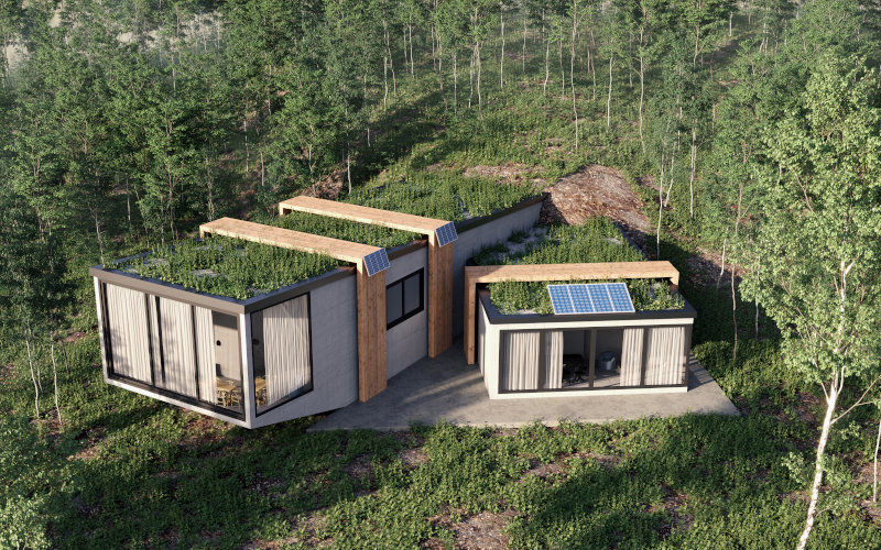 modernes Haus im Grünen mit Dachbegrünung und Solarpaneelen 