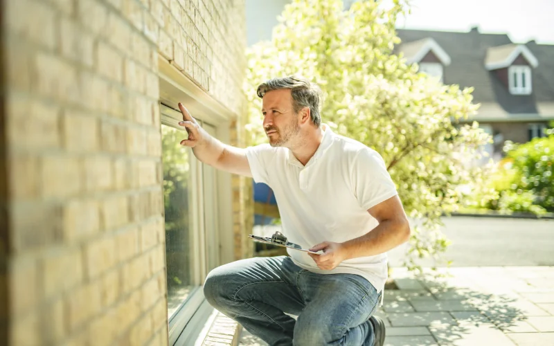 Mann prüft ein Fenster von Außen