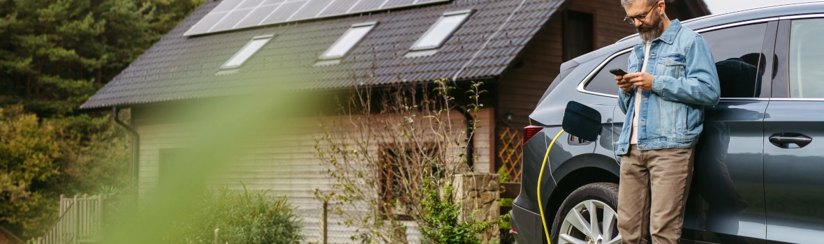 Mann lädt Elektroauto vor seinem Haus mit Solaranlage auf dem Dach hinter sich. Mann, der sich an ein Auto lehnt, während er auf dem Smartphone scrollt.